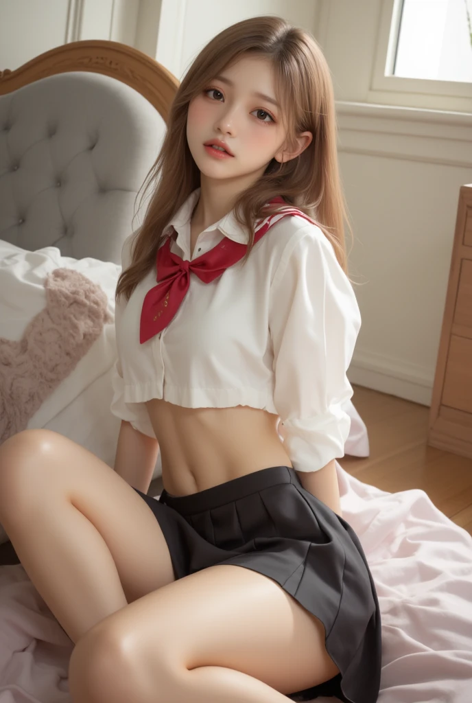 Photo Real、photoRealstic、girl1、ultra-detailliert、top-quality、Masterpiece A dark-haired、straight haired、dishevled hair red blush、embarassed expression、a baby face shirt、pleatedskirt、Schoolgirl Uniform breastsout、Beautiful belly、Soft thighs、vaginal、cunt、clit、Semen、Female genitals、Sexual organics SEX、play sex、ssex、insertion、Vaginal insertion、Sexual organics inserted、Sperm、large amount of sperm、Sperm drenched、Intense Sex、Vigorously inserted、cum shots bedsheet