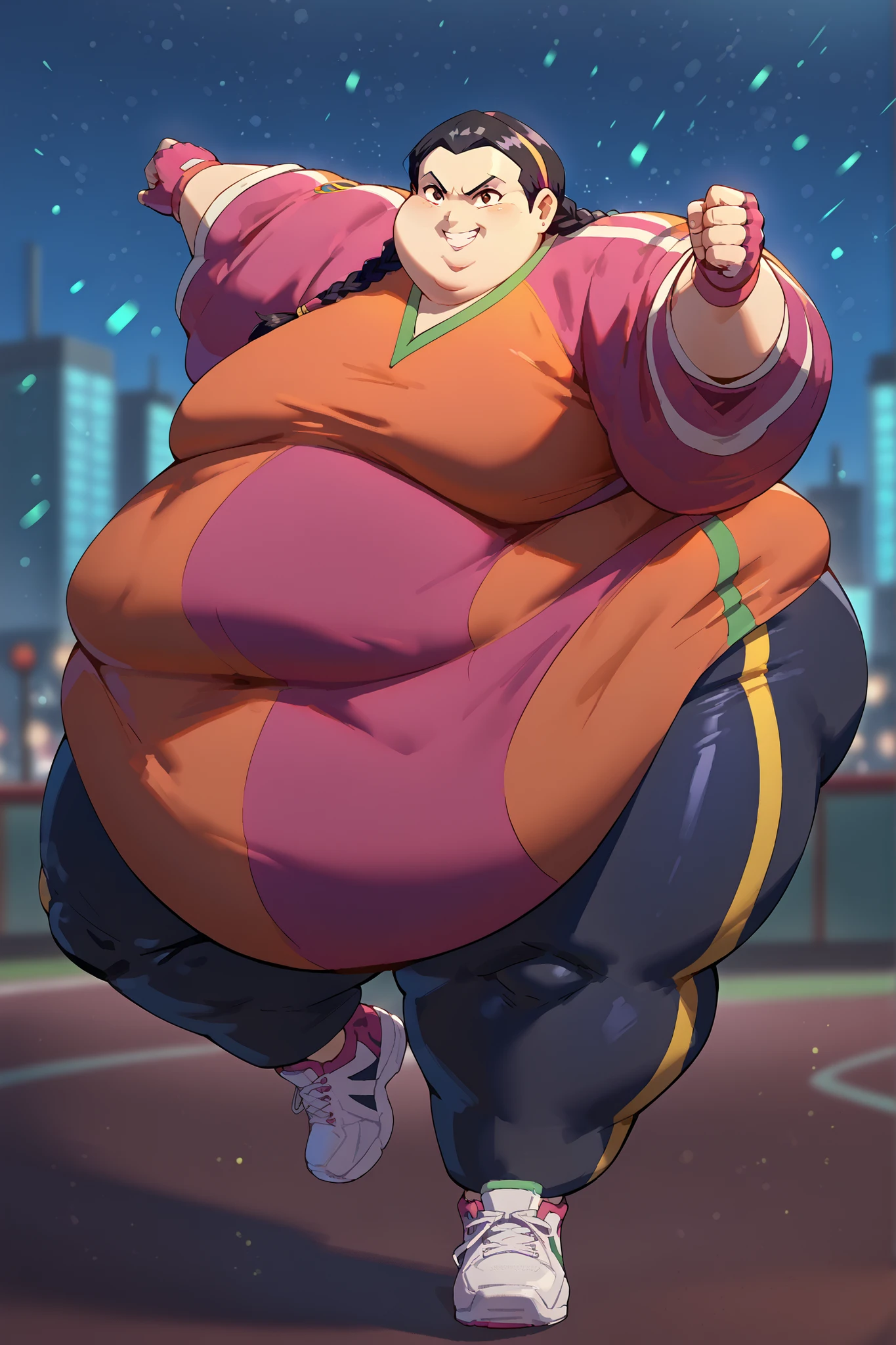masterpiece, best quality, 1girl, solo, absurdres,
large breasts,
haylin,
black hair, brown eyes, twin braids, dark skin,
dougi, sneakers, spandex, headband, fingerless gloves
high up, standing on one foot, poised before executing a spinning kick, cinematic angle, smile,
attack, fighting stance, full body, fat,SSBBW
city,
glowing, light particles,
blurry background,
embedding:SmoothQuality,