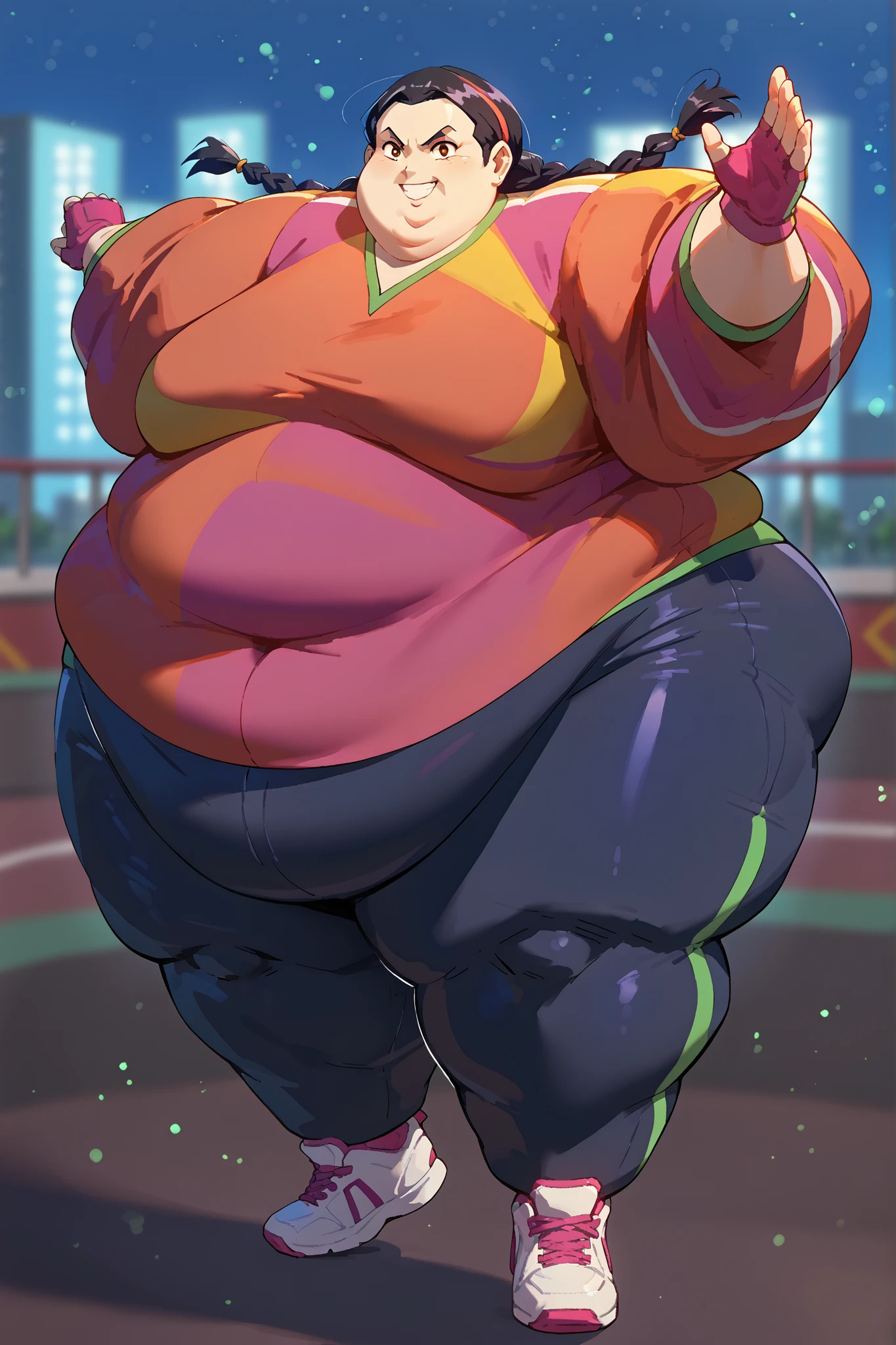 masterpiece, best quality, 1girl, solo, absurdres,
large breasts,
haylin,
black hair, brown eyes, twin braids, dark skin,
dougi, sneakers, spandex, headband, fingerless gloves
high up, standing on one foot, poised before executing a spinning kick, cinematic angle, smile,
attack, fighting stance, full body, fat,SSBBW
city,
glowing, light particles,
blurry background,
embedding:SmoothQuality,