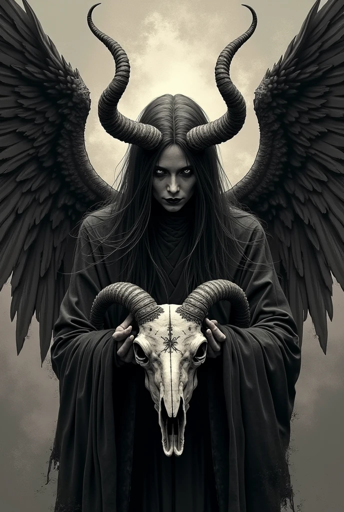 a painting of a holy succubus with horns, in prayer with upraised hands, gloves, (close-up), vampire the masquerade bloodlines, incredible art, gloomy background, nimbus, church ragged vestments, darksketch, minimalism