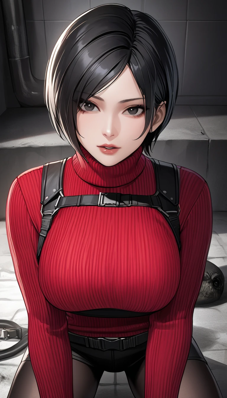 sayama,,
1girl,solo, latex catsuit showing cleavage, black gloves, shiny, wooden cabin, sitting on bed, pov