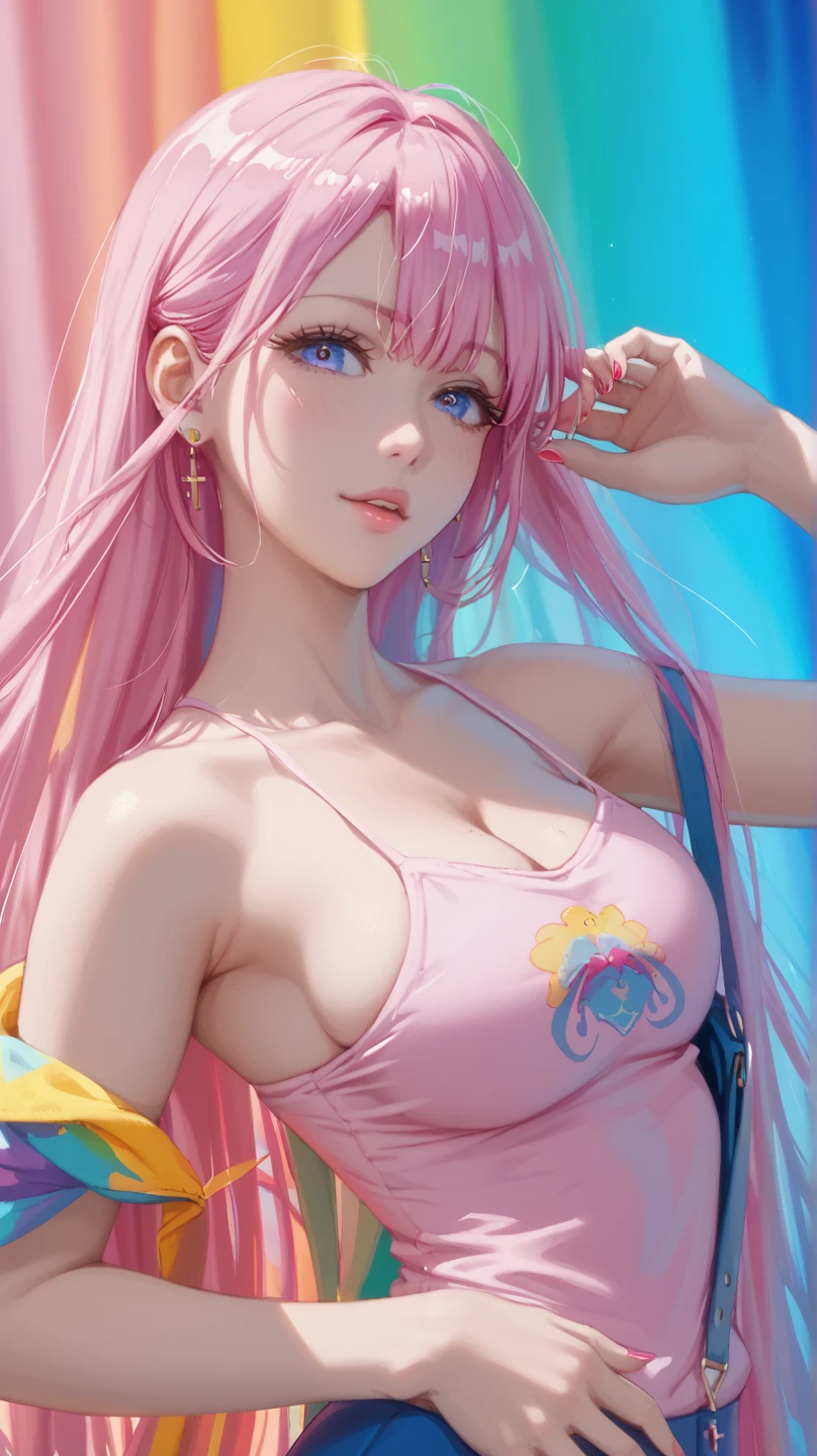(fluorescent colors:1.4),(translucent:1.4),(retro filters:1.4), (fantasy:1.4), candy world Disney land ethereal soft fluffy soft landscape forest snowavatar Pastel pink sky green blue sparkle ethereal light pastel whimsical light rainbow stars diamonds sparkle gemstone background hyper realistic Ultra quality cinematic lighting immense detail Full hd painting Well lit,diagonal bangs,
collared dress,on side
masterpiece, best quality,realskin,(portrait:1.5), 1girl, blunt bangs, long hair, nude, naked,