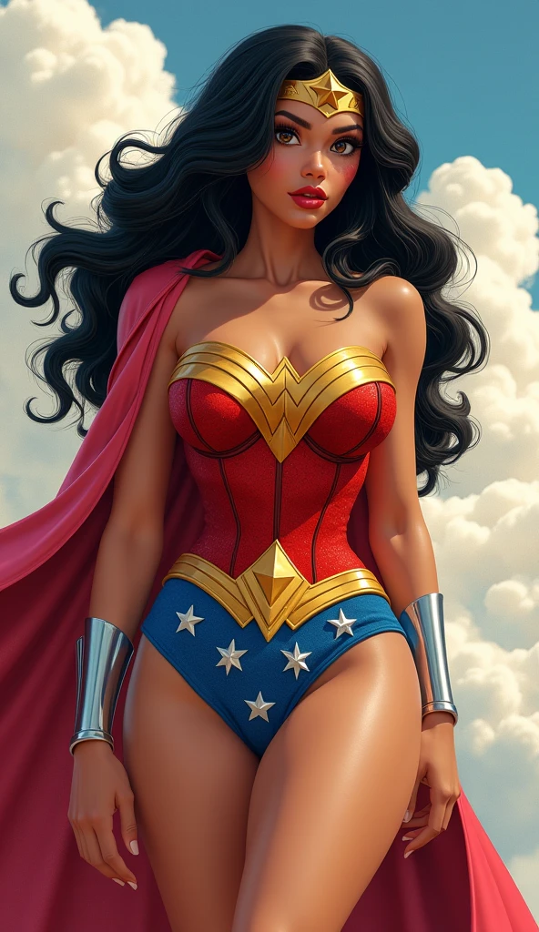 A MUSCULAR FEMALE, WITH LONG BLACK HAIR, BLUE EYES, WITH A SEXY BODY, WEARING A CLASSIC 1960 LYNDA CARTER WONDER WOMAN COSTUME AND RED CAPE. ABSURD 8K RESOLUTION, INCREDIBLY DETAILED SKIN AND EYES