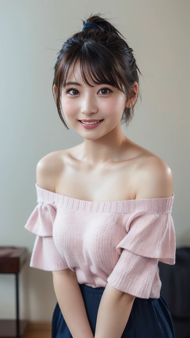 Tabletop, Highest quality, 
Very detailed, finely, High resolution, In 8K,
((Photorealistic:1.4, RAW Photos, 超High resolution,Best image quality: 1.4)),
wallpaper, 
((Perfect body composition 1.5)), 
Beautiful and beautiful eyes, Natural color lip,
((穏やかなsmile:1.5)),
((Random Cute Hairstyles)), 
((Quite large breasts:1.2)),Plump thighs
((from the front:1.5)),
((Use your brain、Under the eyes、Use your brain、Mole on arm:0.9)),
((Randomly blurred background)),
((Random and cute expressions)),, 
Highly detailed and professional lighting、
Perfect dynamic composition, Beautiful and beautiful eyes,((Leaning forward)), ((Off-the-shoulder knit sweater:1.6)),((Micro Mini Skirt:1,5)),((smile,Harajuku)),((sexy shot looking at camera))