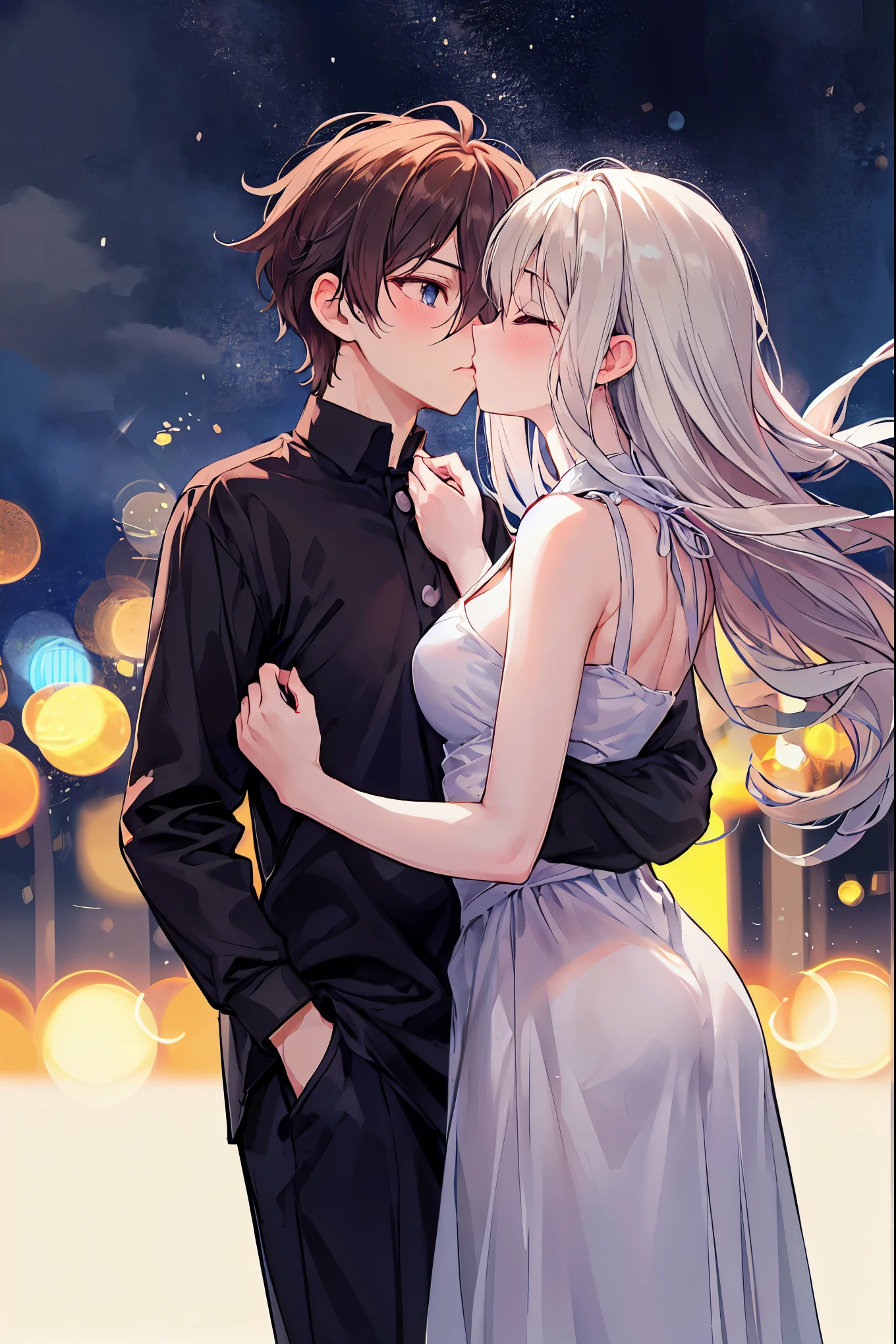 Browsing Caution,masterpiece,Highest quality,High resolution,Very detailed,One girl, Manhattan Cafe \(Horse Girl\)、Yellow Eyes、Black Hair、Long Hair、 Long Bangs、 Horse ears、Long dress,Off the shoulder,Small breasts,Embarrassing,Estrus,desire,blush,(An expressionless young man with medium-long white hair,Purple Eyes),A man puts his hands on her waist and hugs her,(Have sex),put in,Creampie,Night Park,Unpopular place