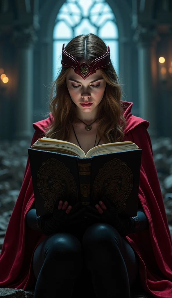 1girl, Cute witch girl, wearing large maroon hoodie, black corset, holding a book, trinity library background, off shoulder, black leather bracers (photo realistic:1.4), (hyper realistic:1.4), (realistic:1.3), (smoother lighting:1.05), (increase cinematic lighting quality:0.9), 32K, 1girl,20yo girl, realistic lighting, backlighting, light on face, ray trace, girl wearing a maroon off shoulder robe, wolf blonde hair with blue eyes, black corset, trimmed leg wear, huge maroon hood up, gorgeous face, high resolution, detailed face, not smiling, long hall library background, hair covering half of the face (brightening light:1.2), (Increase quality:1.4), (best quality real texture skin), finely detailed eyes, finely detailed face, (tired and sleepy and satisfied:0.0), (Increase body line mood:1.1), shiny skin
