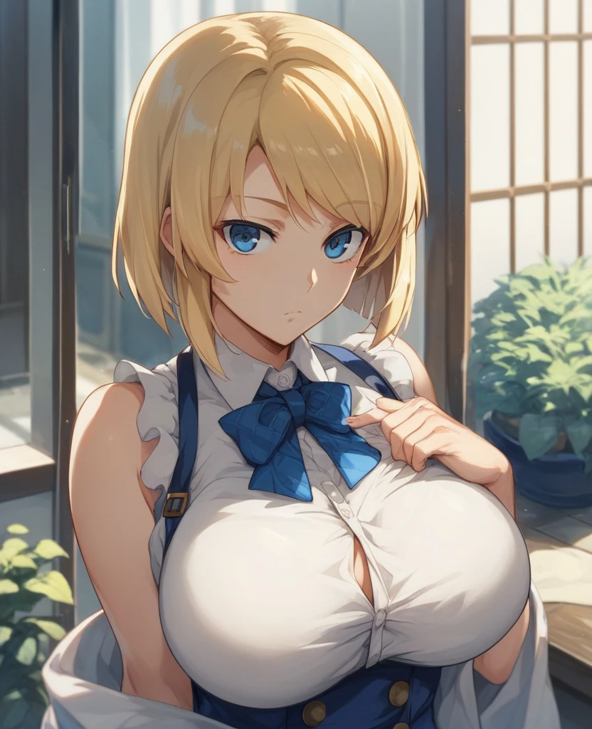"(best qualityer, work of art:1.2) | detailded eyes:1.2 1 female (dynamic angle, point of view, shorth hair) yellow hair, chemise, open sweatchemise, knee socks, 14歳, very cute, detailded, work of art."naked coat (Breasts huge:1.2),Moist skin((on its own))Cool atmosphere,shining skin,breasts big, breasts big, M cup