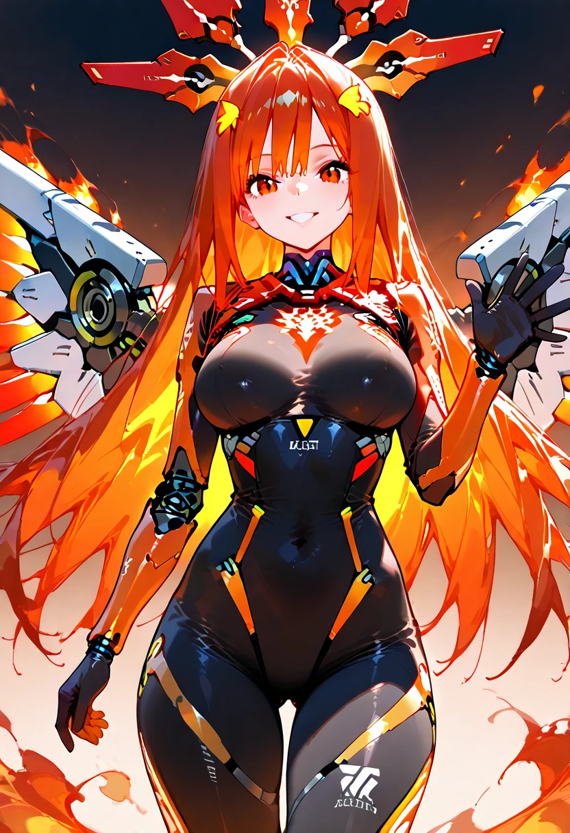 masterpiece, best quality, illustration, ultradetailed, cowboy shot, 1woman, Hassaku, redhead, red eyes, detailed eyes, futuristic anarchist cyberpunk black and red clothing, futuristic anarchist cyberpunk armor, X shaped mecha wings, black line skirt with red accents, long hair, very fat large breasts, very fat thick thighs, hour glass shape hips, exposed arms, exposed belly, exposed skin, black thigh highs with red accents, cleavage, futuristic anarchist cyberpunk black and red fox ear headphones, Hair ornament, embarrassed, standing, bedroom, bed, dominant black color with red accents