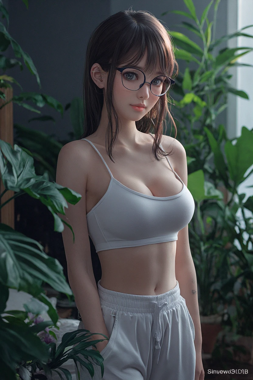(masterpiece), best quality, high resolution, highly detailed, detailed background, perfect lighting, The student council girl with twin braids and glasses whom you don't know that she's a pervert until looking prompts, navel, sleevesless, armpits, arm up