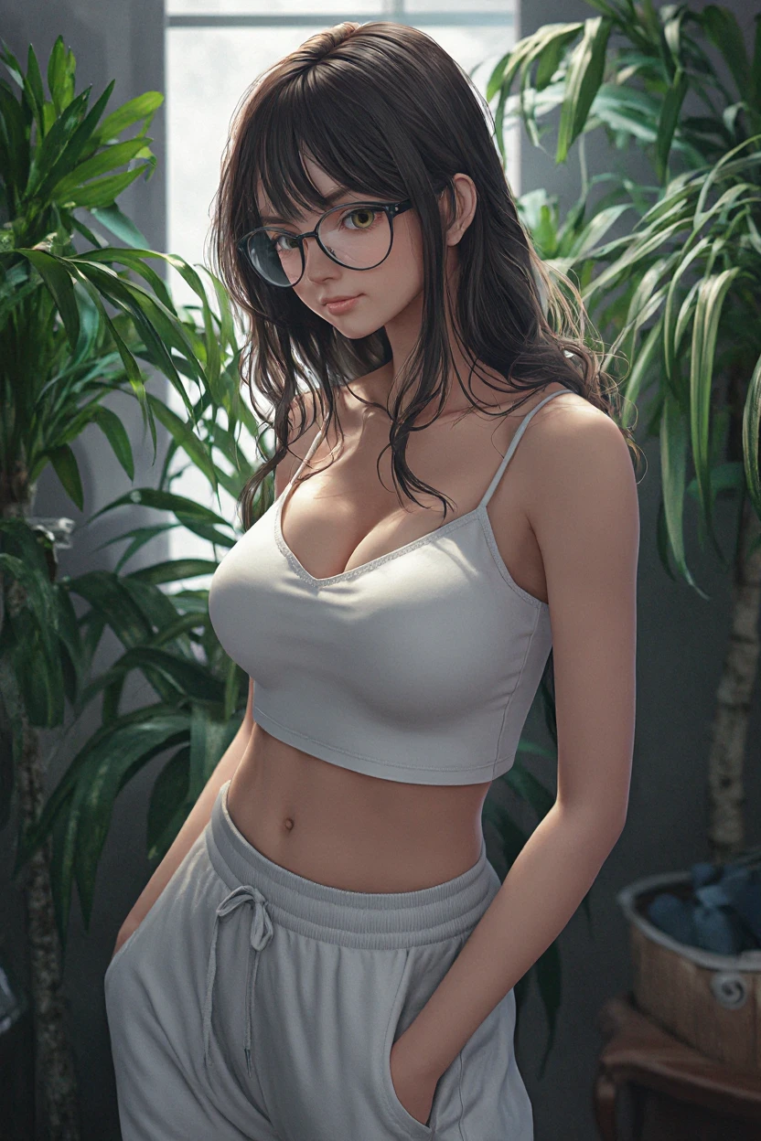 Beautiful female face, wearing a mia khalifa, beautiful eyes, intricate, full body, pregnancy test in hand, neckline, soft lips, smiling, wears transparent glasses, naughty, seductive look, freckles, side chest, under chest, tanned