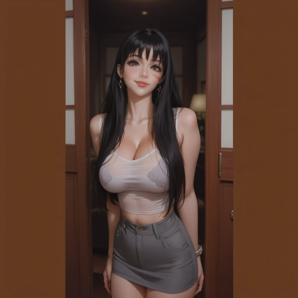day,in summer,in the cyberpunk city,modern apartment, in the livingroom, action:Standing at attention,Hands_DOWN, trappings:(school_uniform), (white_skirt),(BLUE_Long_Tie), (BLUE_pleated_skirt), (Black_pantyhose), The character: the hair:(Brown_SHORT_hair), (GREEN_eyes:1.0),(bangs),disheveled hair,(hairclip), The character鎖定: 1 girl,Solo, Manga,20yo,mature female,Beautiful Finger,Beautiful long legs,Beautiful body,Beautiful Nose,Beautiful character design, perfect eyes, perfect face, Japanese,cosplay, Eye expressions: looking at viewer, innocent big eyes,alluring,(light_smile:0.5),embarrassed, shy, Quality: official art,extremely detailed CG unity 8k wallpaper, perfect lighting,Colorful, Bright_Front_face_Lighting, (masterpiece:1.0),(best quality:1.0), ultra high res,4K,ultra-detailed, photography, 8K, HDR, highres, absurdres:1.2, Kodak portra 400, film grain, blurry background, bokeh:1.2, lens flare, (vibrant color:1.2) big breasts body: (Beautiful,large_Breasts:1.6), (beautiful face:1.5),(narrow waist),