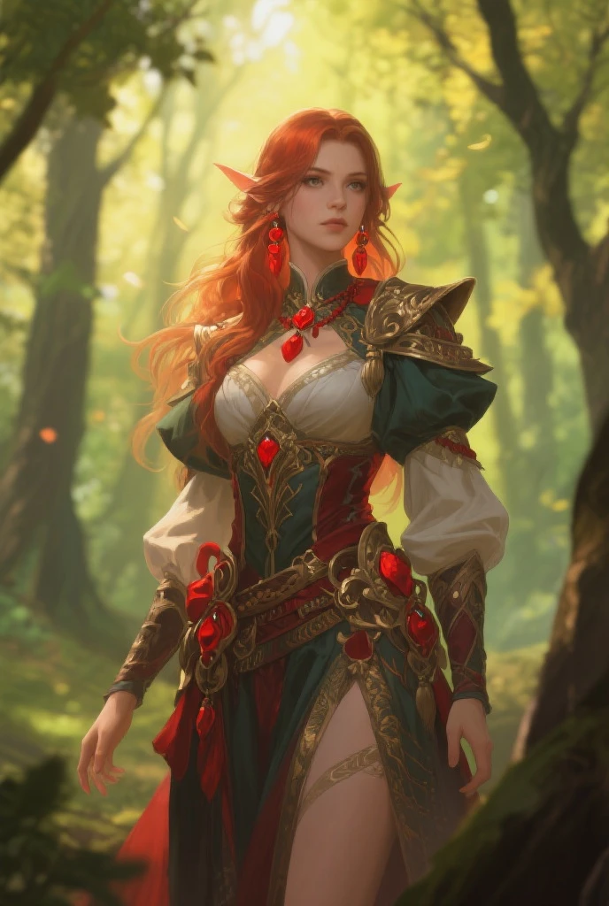 masterpiece, best quality,a woman with orange hair dressed in a costume with fur on her shoulder,a medieval handbag,arm-guard, leaves falling, park background