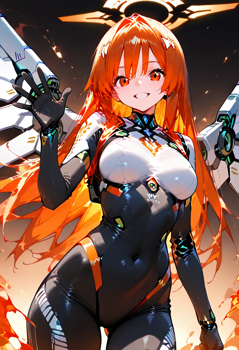 1girl,andromeda,cyberpunk exoskeleton, battle,cyberpunk facegear,holding weapon,red hair,
