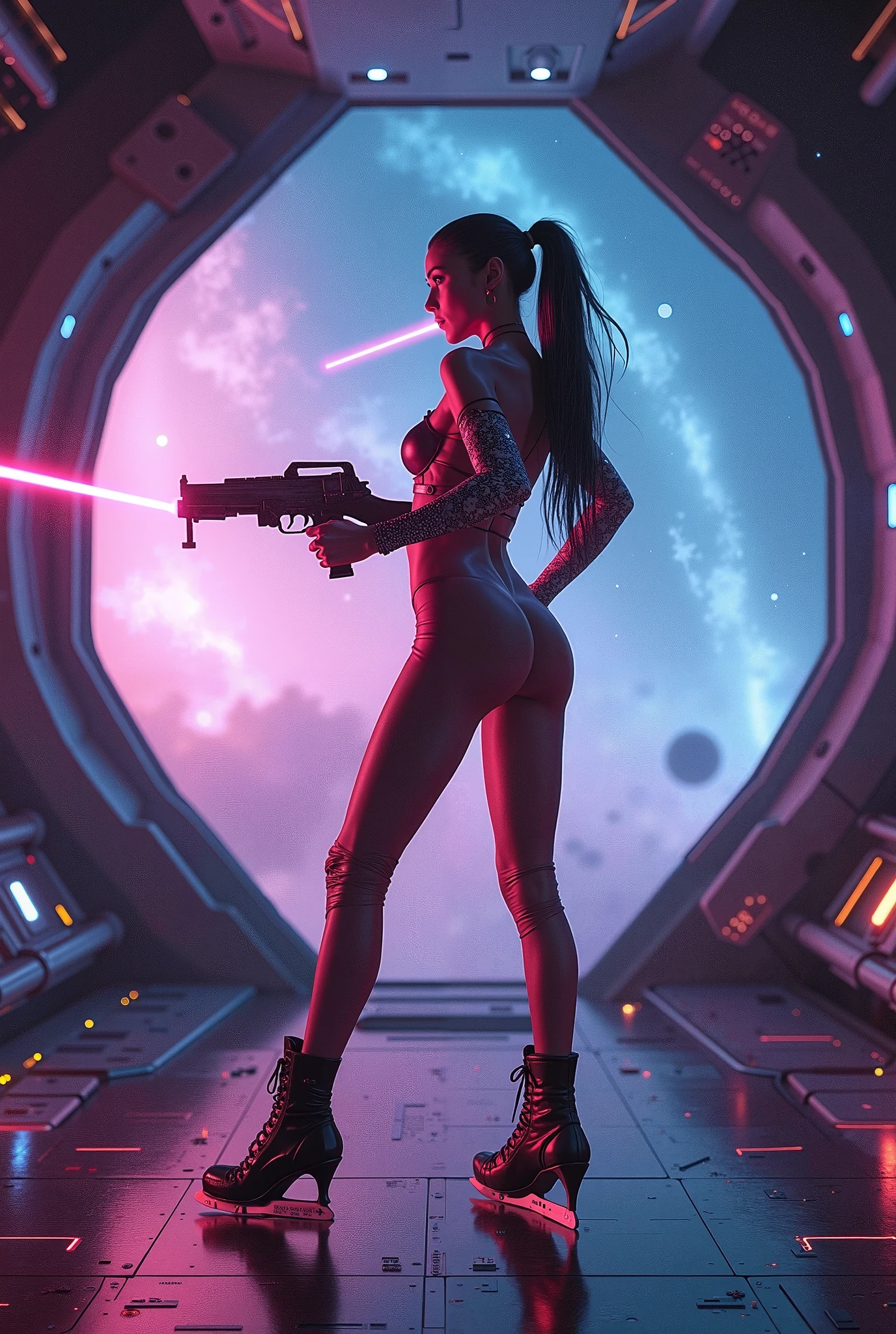master-piece，Alison Tyler blue eyes, perfect body, big , big booty, in white tech suit clothes，wearing a sexy white and pink lace lingerie, Black long hair，laces，Abstract retro sci-fi background，art of Moebius，Ashley Wood's art，dynamicpose，Wandering Earth，Space Starry Sky 