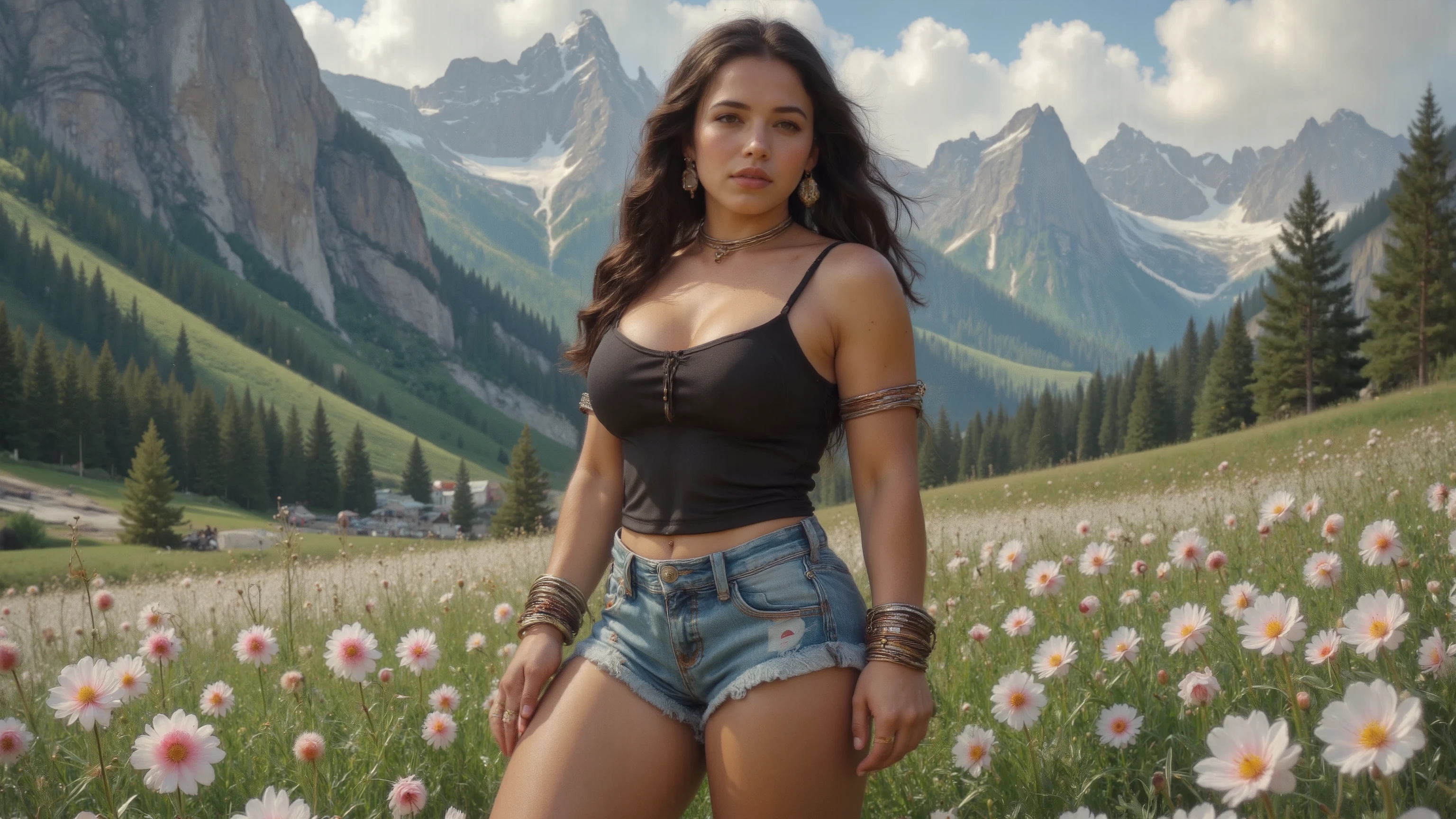 A breathtaking full-body photo of a stunning young woman, showcased in a side view from head to toes, posing amidst a picturesque flower field at the majestic Alps. Her long hair is styled with perfection, framing her toned physique. Muscular thighs, wide hips, and a plump yet perky derrière are accentuated by a slender waist. Highly defined body features and realistic skin, complete with visible pores, indentation, and a radiant shine, create an ultra-realistic visual experience. Her face is equally flawless, boasting perfect eyes, nose, and lips, while her hands and feet are precision-crafted for photorealism. She wears a striking spring-themed mountain uniform, complete with styled footwear and intricate jewelry: a slave collar cowbell, bracelets, armlets, earrings, and rings. The windy spring day adds drama to the scene, with the harsh sun casting dappled shadows across her athletic form. A blue sky, natural landscape, and 16K photorealism come together in this masterpiece, worthy of an award-winning DSLR shot.