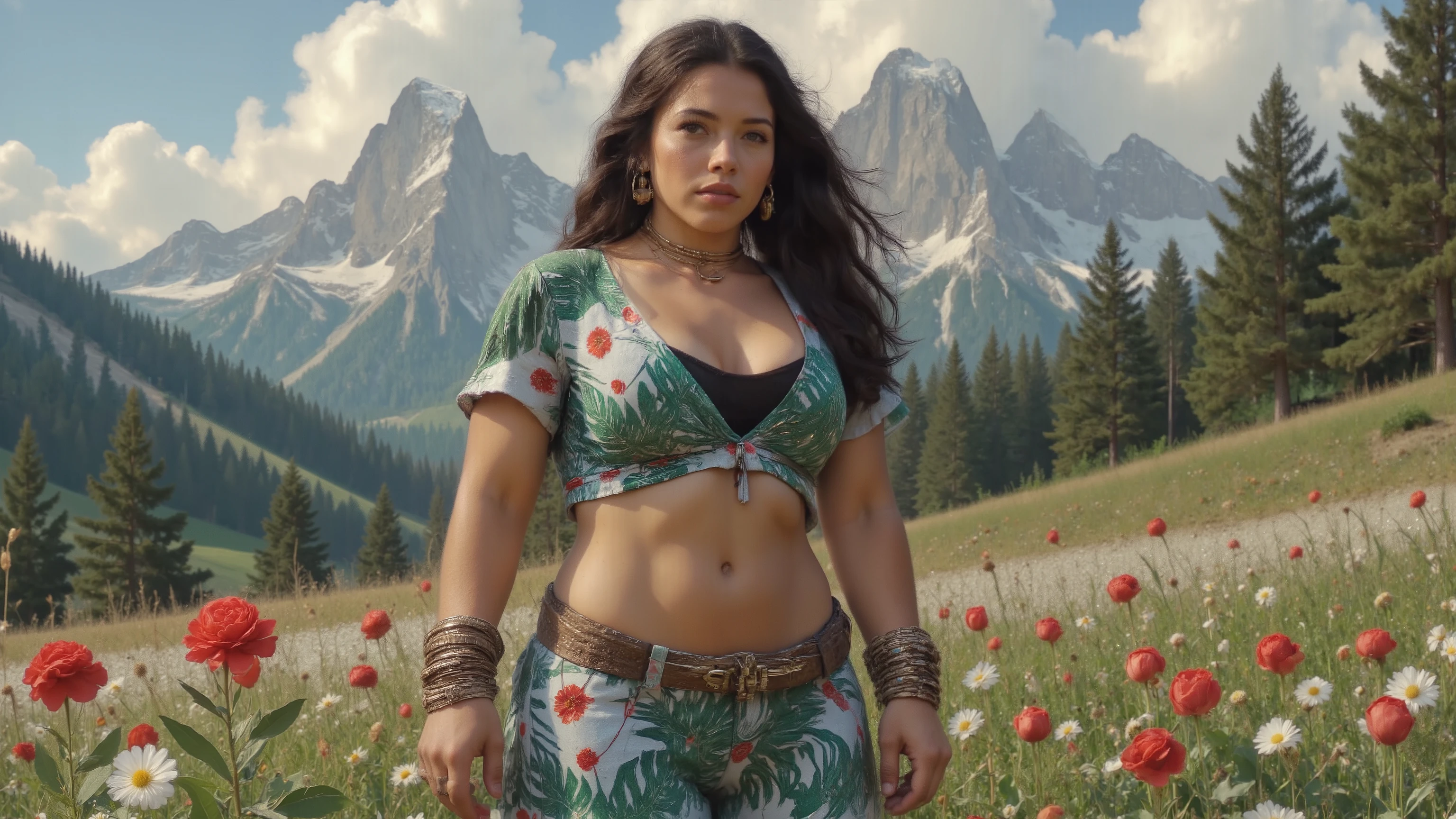 A breathtaking full-body photo of a stunning young woman, showcased in a side view from head to toes, posing amidst a picturesque flower field at the majestic Alps. Her long hair is styled with perfection, framing her toned physique. Muscular thighs, wide hips, and a plump yet perky derrière are accentuated by a slender waist. Highly defined body features and realistic skin, complete with visible pores, indentation, and a radiant shine, create an ultra-realistic visual experience. Her face is equally flawless, boasting perfect eyes, nose, and lips, while her hands and feet are precision-crafted for photorealism. She wears a striking spring-themed mountain uniform, complete with styled footwear and intricate jewelry: a slave collar cowbell, bracelets, armlets, earrings, and rings. The windy spring day adds drama to the scene, with the harsh sun casting dappled shadows across her athletic form. A blue sky, natural landscape, and 16K photorealism come together in this masterpiece, worthy of an award-winning DSLR shot.