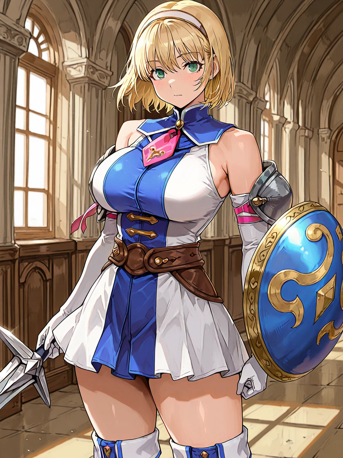 Browsing Caution,Sensual, Long blonde hair, Thick thighs, 8k, 4K, Highest quality, (High resolution:1.6), Cute anime face, Noise Reduction,short hair,Flaxen Hair、 Spread your legs, (Sparkling Blue Eyes, A kind smile:1.3, Kind eyes:1.3)、Young Face, Anime Eyes, Asheria、(Sword in right hand:1.5)、(Equipped with a shield on the left arm:1.5)、(SFW Giant:1.9)、Large areola, Puffy nipples:1.3、Long tights、Knee-high boots、(garter belt:1.5)、Beautiful Hands、Beautiful fingers,squat,