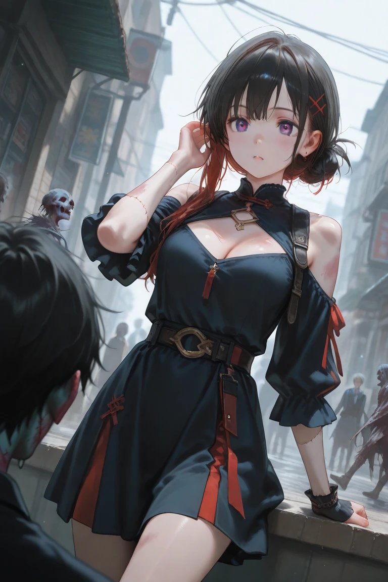 highres, shadows, absurdres, best_quality, ultra_detailed, 8k, extremely_clear, photograph, beautiful, sharp focus, hdr, beautiful face, petite body, 1girl, scared, wide-eyed, shock, barely clothed, torn clothes, short dress, multiple boys, zombie