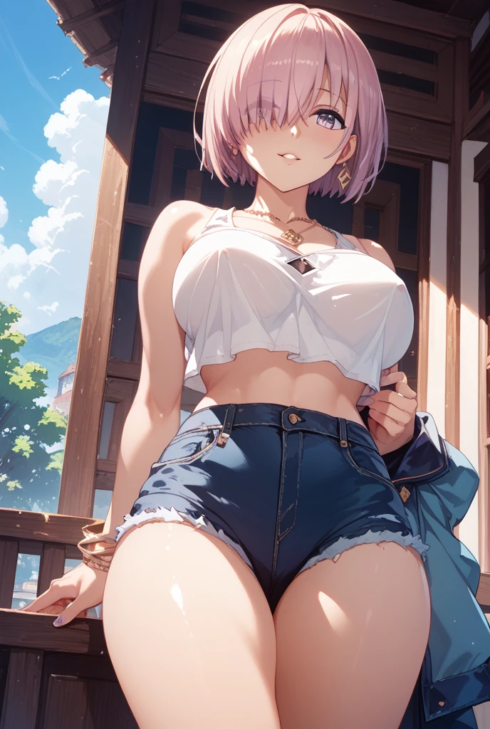 (masterpiece, best quality), 1girl, Light pink Crew Cut with Skin Fade, tiny breasts, micro shorts, denim shorts, open fly shorts, pussy