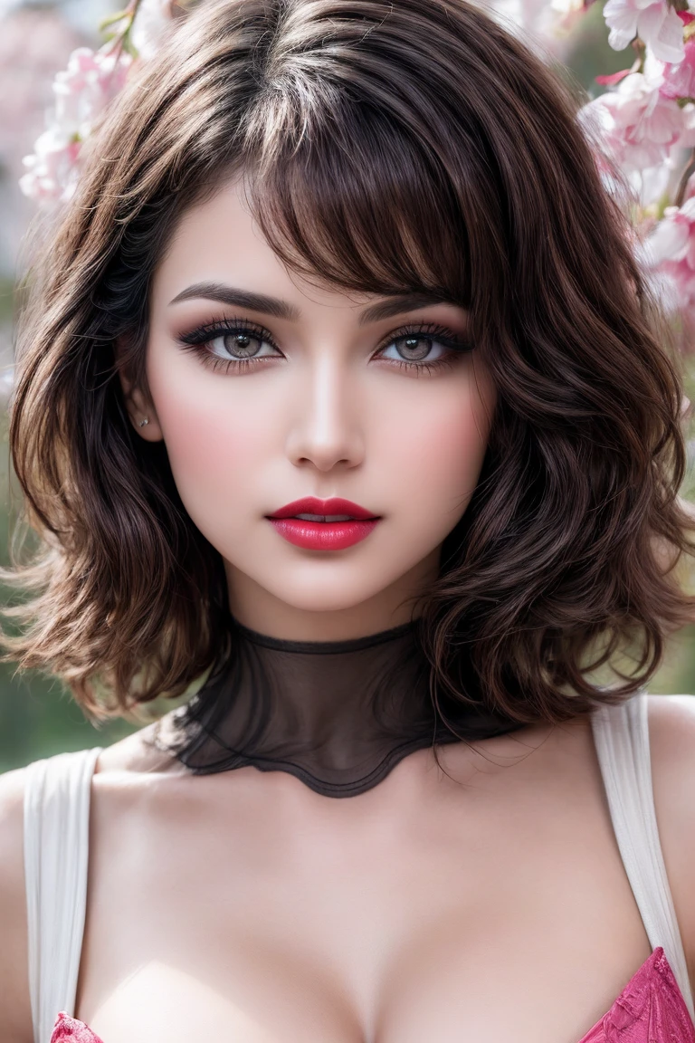 beautiful girl, brown eyes, beautiful 18 year old girl, hair color [Brown highlights hair], [undercut pixie] hair, short hair, lips, realistic, narrow waist, charming, pink lipstick, colorful makeup, long eyelashes, fair skin, (cute), (detailed face), detailed eyes, detailed iris, (large breasts:1.2), smirk, (cowboy shot), 
