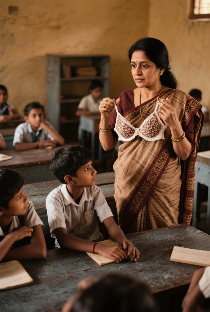 Creat a sean where a female teacher give murga to boy