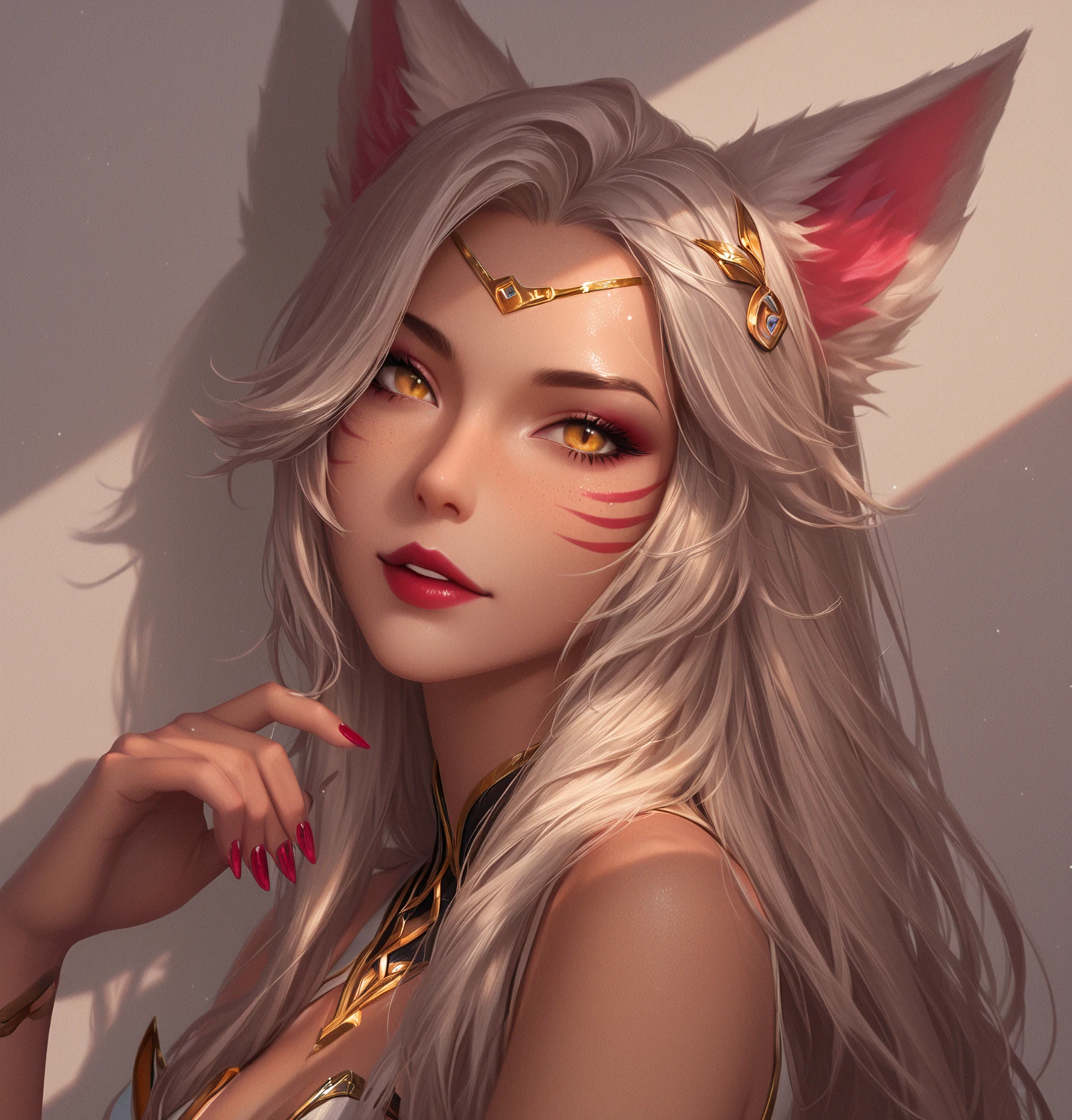 Ultra high definition。Full body drawing is required。Sitting flat。Enraged, he turns his face away。Red shoulder-baring kimono。Emerald Cyberpunk World Background。Side camera high angle bust zoom up。Mature Woman。White hair with fox ears。Emphasize cleavage。Earrings。necklace。brooch。Many hair accessories。