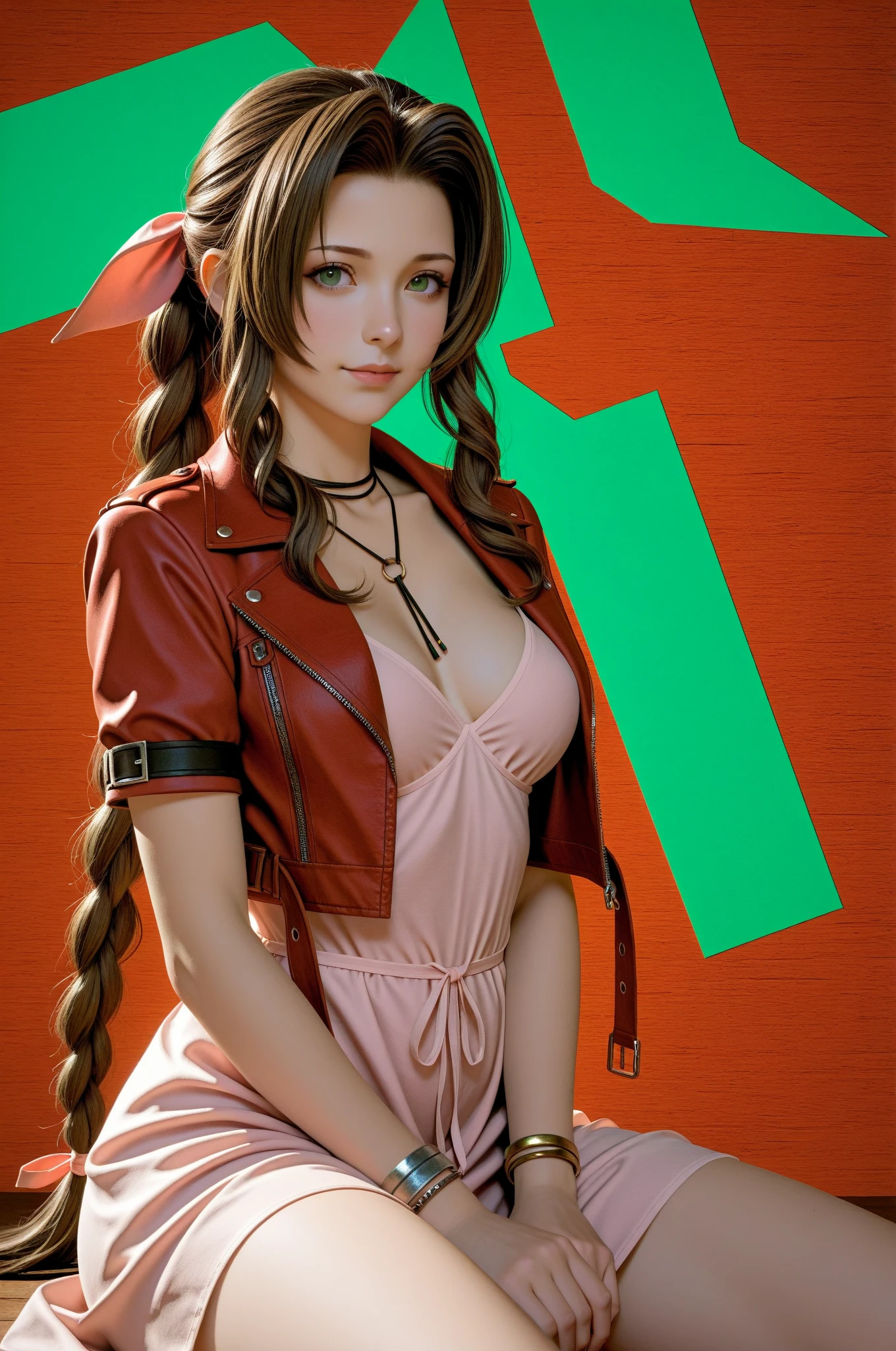 ff7r style, Aerith Gainsborough, One person, alone, Realistic, Green Eyes, Brown Hair, Long Hair,  View your viewers, red Jacket, jewelry, Blurred background, necklace, choker, Jacket, Portraiture, lips, ribbon, hair ribbon, bow, nose, Mouth closed , ((masterpiece)) Sensual, Full body image,