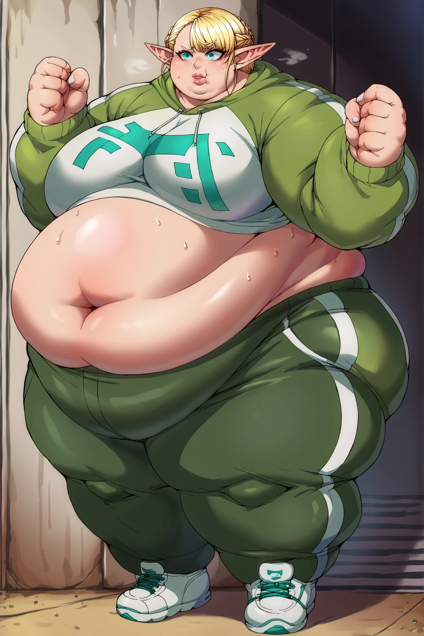 Anime Women, Lady、Detailed face、Forehead、Black Hair、Long braids down to the waist、Glasses、Hanging eyes、Brown eyes、Are fat、Chubby、Voluptuous、obesity、Double chin、Cheek、Fat-covered neck、Big Breasts、Saggy breasts、Thick upper arms、thick fingers、Fat Belly、Sagging belly、Thick legs、Fat all over the body、tall、Off the shoulder、Jumpsuit、sneakers、Sweaty、Embarrassed、Exercising
