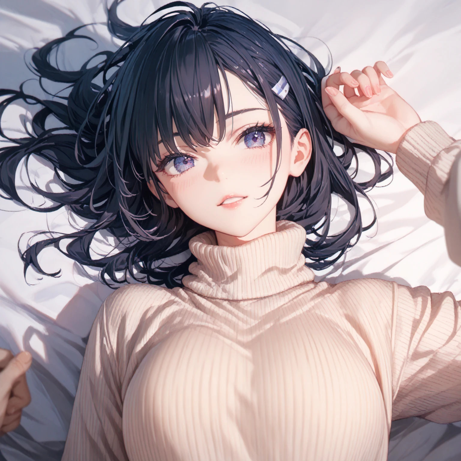 Vanessa_Colgurin, 1girl, solo, upper body, medium breasts, turtleneck, black hair, two-tone hair, short hair, dappled sunlight, realistic shadows, shade, shaded face, looking at viewer, on back, on bed, arms up, <lora:Vanessa_v2-12:0.61>