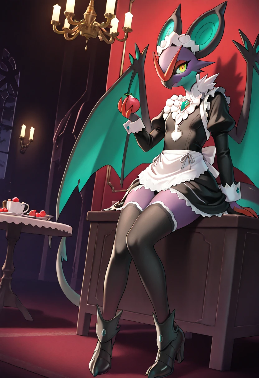 Female, solo, anthro noivern, waitress, restaurant, carrying drinks, natural breasts, digitigrade, looking at viewer, detailed full body picture, casual outfit, walking towards the viewer, wings on back, folded wings, detailed eyes, one tail