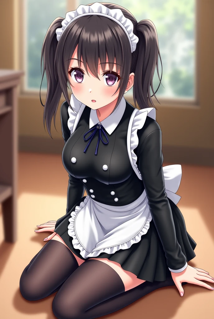 ((close:1.4)、(RAW shooting:1.2)、(realistic:1.4)、(masterpiece:1.3)、(highest quality:1.4)、alone、7 head and body、(slender and beautiful girl)、cute、(Medium chest:1.2)、(cleavage)、(erect nipples:1.2)、(full body shot)、8K、(pieces fly:1.2)、(ribbon、Mini skirt that shows pants、knee high socks:1.3)、view audience、blush、ribbonボンデージ、(beautiful hands)、(beautiful thighs)、(twin tails:1.2)、(maid:1.3)、(sexy pose:1.2)、obscene、erotic、cute系、ancient capital、(perfect anatomy:1.2)、