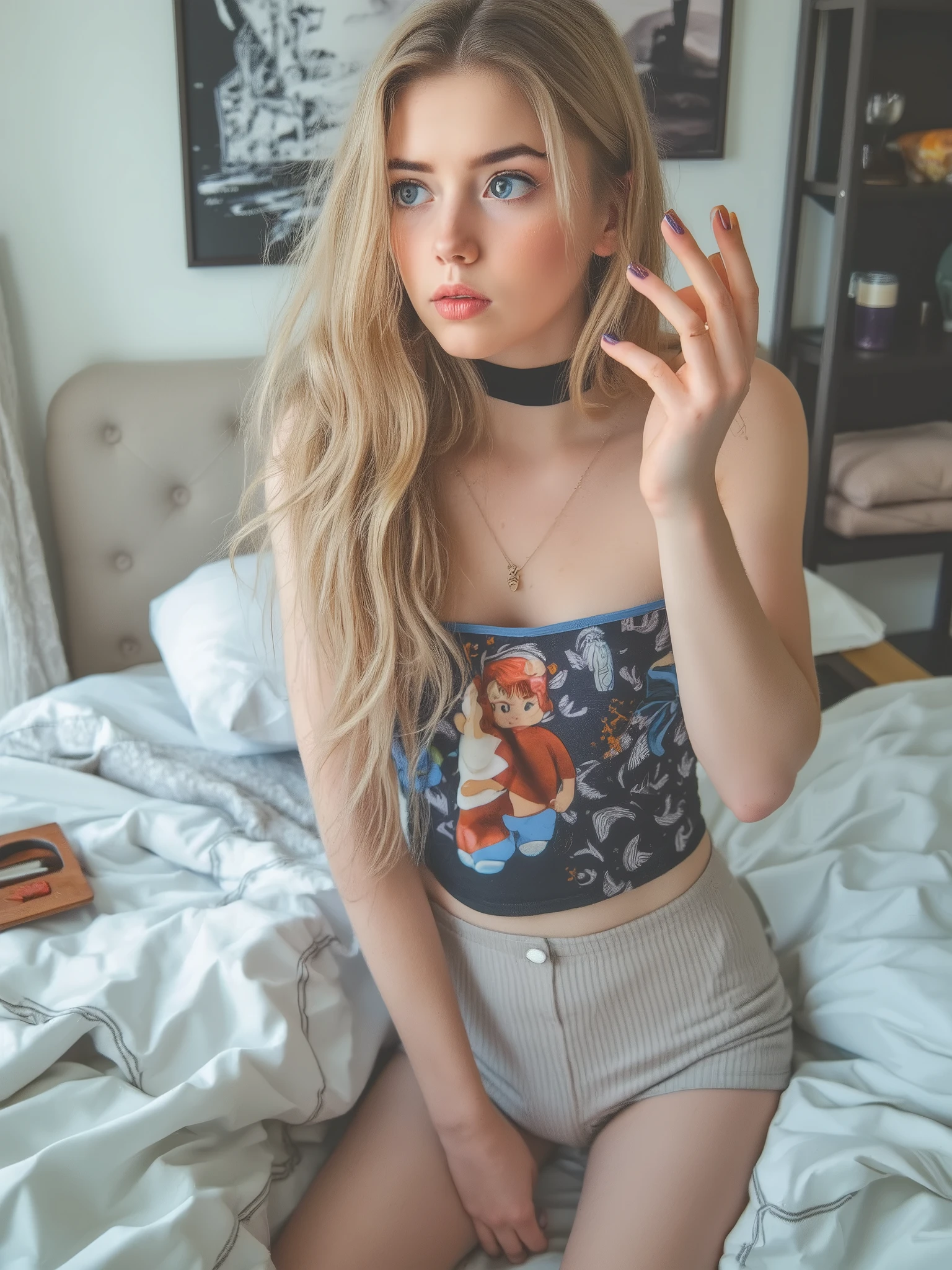 realistic photograph of ailattsf dressed as an adorable petite european girl wearing skinny jeans and a cute top, skinny body, pale skin,slender neck, freckles, wavey blonde hair, dainty girly hands, nail polish, slender legs, dainty girly feet, 