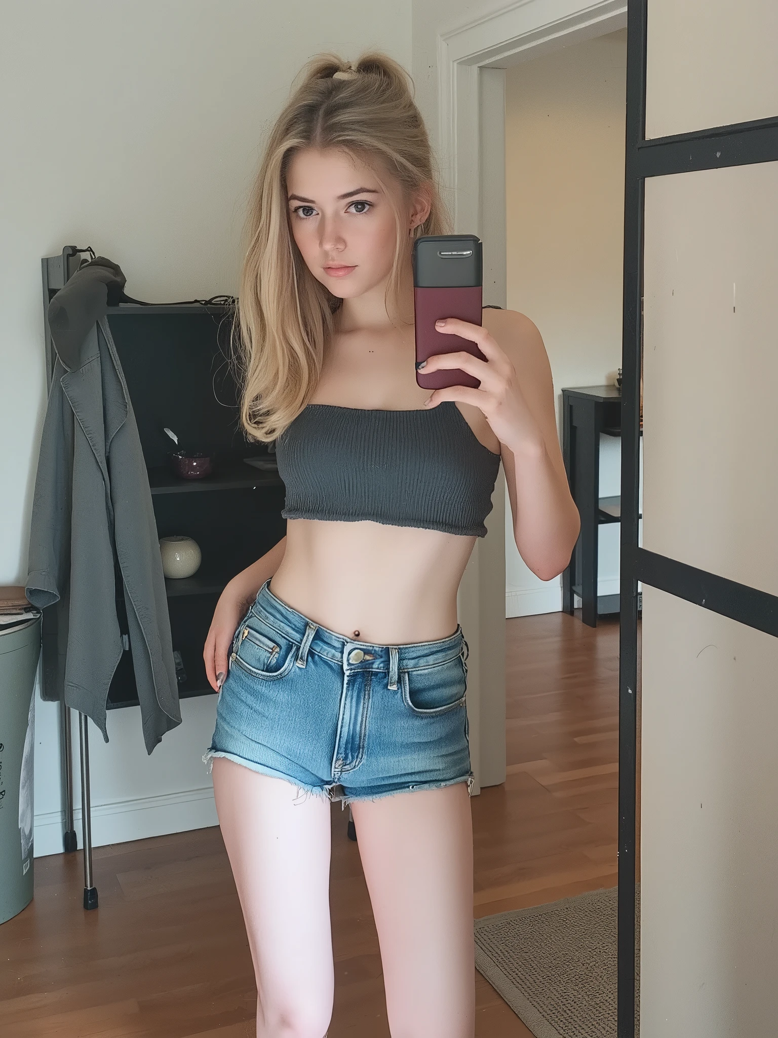 realistic photograph of ailattsf dressed as an adorable petite european girl wearing skinny jeans and a cute top, skinny body, pale skin,slender neck, freckles, wavey blonde hair, dainty girly hands, nail polish, slender legs, dainty girly feet,