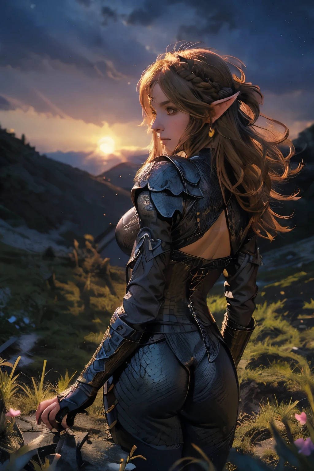 Best quality, masterpiece, ultra high res, sunset scene, raw photorealistic photo , shot with iphone, beautiful and aesthetic,deep shadow, dark theme,(photorealistic:1.4), real life human,  ((from_back)) ((Shiny litmuss, irisdiscent, Armor of dragon scales::1.2)) (((shiny leather, glossy leather))), zelda,aazelda, short (blonde:1.2) (((voluptuous, curvy body shape, sagging breast, fitness marks))) hair, crown braid, hairclip, pointy ears, brown cape, blue shirt, puffy sleeves, long sleeves, fingerless gloves, black gloves, black pants, tight pants , from behind, Graceful poise, evocative atmosphere, magnetic presence, refined seduction, captivating mystique, Intricate zentangle patterns, a single female figure, astonishing level of detail, generously endowed, portrait composition, striking perspective, a chaotic masterpiece, gracefully poised, background of a field camera from bellow showing the stars and a beautiful sunset with the flowers burning at background, vibrant color palette, undertones,