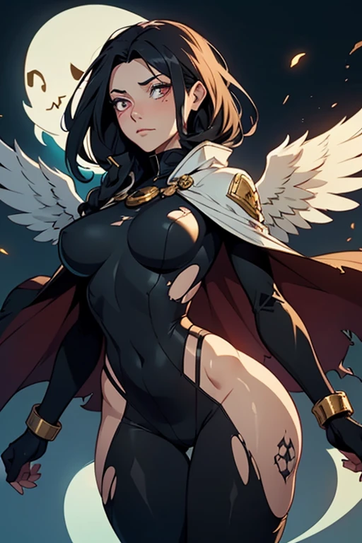 girl solo standinuscular girl toned body large breasts thick wings horns tail) yellow eyes black hair pale skin perfect anatomy perfect anatomy perfect anatomy