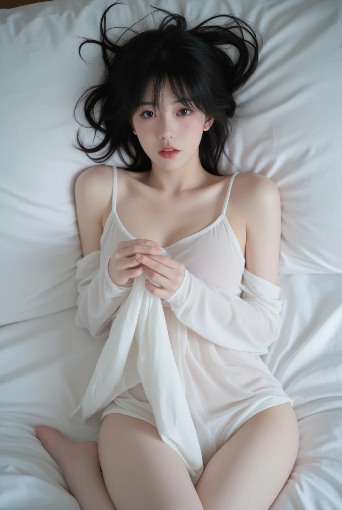 Wearing a nightgown、from above,opening legs、⦅Pose showing the crotch⦆、⦅I can see my panties⦆、⦅Colossal tits:1.2⦆,⦅Skin revealing⦆、absolutely outstanding image, very extremely beautiful、masterpiece, top-quality,a picture, kawaii、8K、In bed、dark、Interior light、Bewitching lights、Ahegao