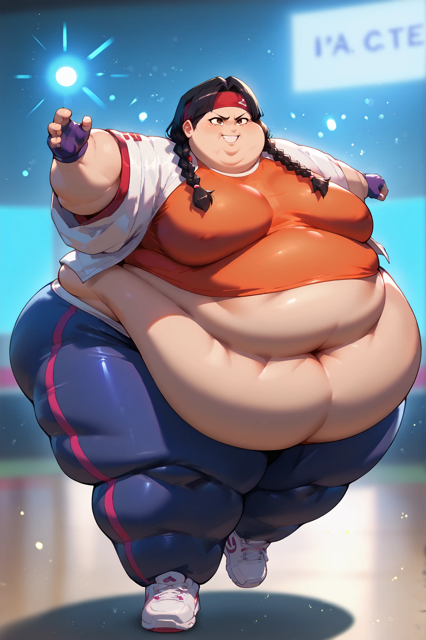 masterpiece, best quality, 1girl, solo, absurdres,
large breasts, miko,
black hair, brown eyes, twin braids, dark skin,
dougi, sneakers, spandex, headband, fingerless gloves
high up, standing on one foot, poised before executing a spinning kick, cinematic angle, smile,
attack, fighting stance, full body, fat,SSBBW
city,
glowing, light particles,
blurry background,
embedding:SmoothQuality,