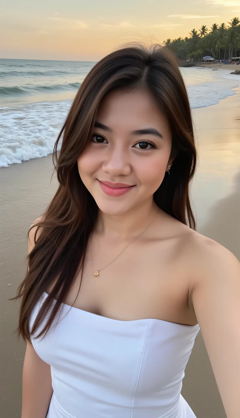 A beautiful indonesian female. 25 years old, Indonesian face. Long straight hair, loose hair, brown hair, side swept bangs. Curvy body, white skin, big breasts, cleavage. wearing white strapless midi dress. Above view, facing forward. Standing facing forward, smile showing teeth, head tilted slightly, look at viewer, high angle close-up selfie. In the beach in the afternoon, background overlooking a blue sea waves, lots of coconut tree, Orange sky, sunset, back sunset light. Overall very detailed, Hyper quality image. HD resolution. Ultra high realistic image. 16k. Ultra details. Soft saturation