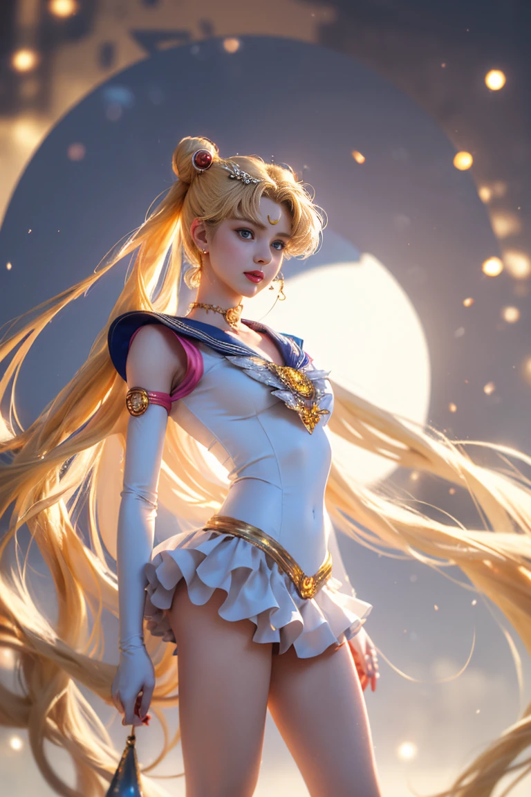 (best quality, masterpiece), (solid outline:1.2), Sailor Moon, simple background, solo women, full body, long blonde hair, crown, sailor moon cosplay, wavy hair, detailed face, smirking, medium breasts, model pose, shoes, Cleavage, face view, ass view, white panties, thong, hands behind body, white bra, big breasts