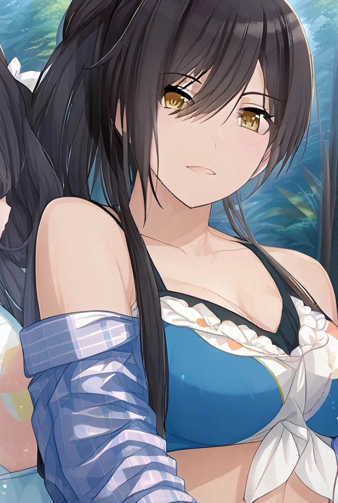 Kaohsiung (Azur Lane)、Female 1 person、solo、Long Hair、chest、Staring at the audience、blush、bangs、大きなchest、Simple Background、Black Hair、White background、ribbon、belly button、chestの谷間、Exposed shoulders、gem、Closed Mouth、clavicle、Swimwear、Yellow Eyes、Upper Body、ponytail、ヘアribbon、Side Lock、bikini、Earrings、choker、Shiny、鈍いbangs、Off the shoulder、stomach、Wet、See-through、Shiny skin、Skin irregularities、Underboob、See-through眼帯bikiniのボトムのみ、白いribbon、Hair flap、サイゴタイbikini、、眼帯bikini、Strap gap
