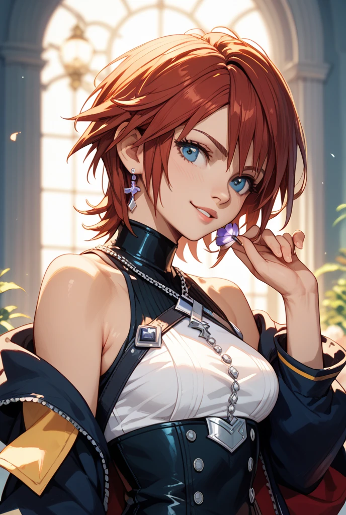 Young girl, short red hair, fox ears, blue eyes, old Russian shirt, smile, open shoulders, chest neckline, masterpiece, high quality