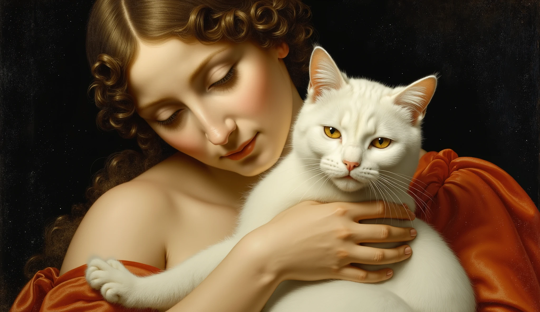 an oil painting of a woman with a white furry cat in the style of Leonardo da Vinci, She embraces the cat and has beautiful and affectionate features. 