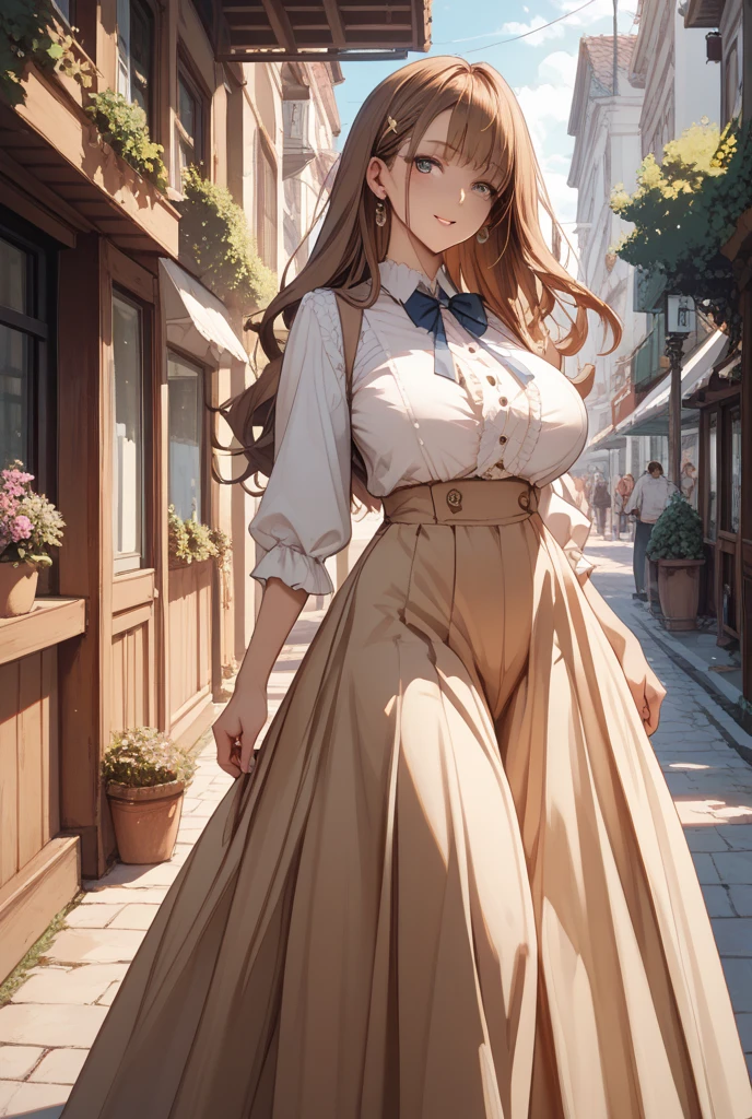 1girl,(anime coloring:1.2), best quality, looking at viewer, short wavy hair, chestnut hair, feminine, large breasts, (solid Maxi dress), (Light brown color Short sleeve Maxi dress:1.3),Medieval Europe,Ancient Village,Vegetable stall,Main Street