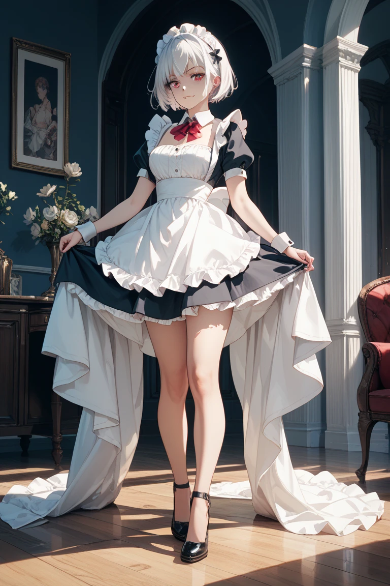 There was a woman wearing a black maid dress with a black bow tie and black stockings,Large breasts， small curvaceous loli, anime barbie in white stockings, Azure archive style, anime girl in a maid costume, A scene from the《Azure Archives》videogame, loli in dress, cosplay of a catboy! maid! dress, Anime girl cosplay, Maid outfit, gorgeous maid, anime cat girl in a maid costume