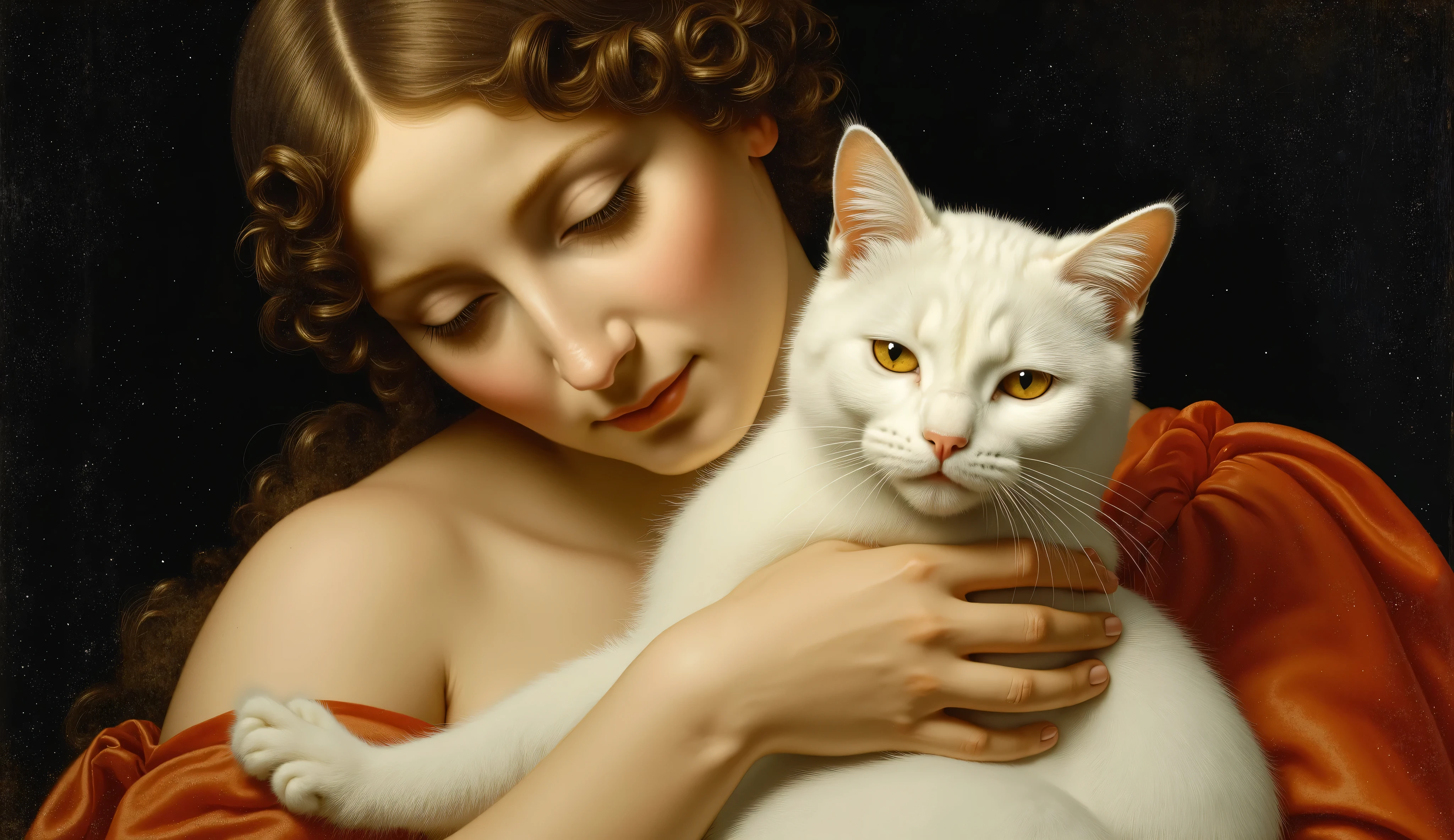 an oil painting of a woman with a white furry cat in the style of Leonardo da Vinci, She embraces the cat and has beautiful and affectionate features.
