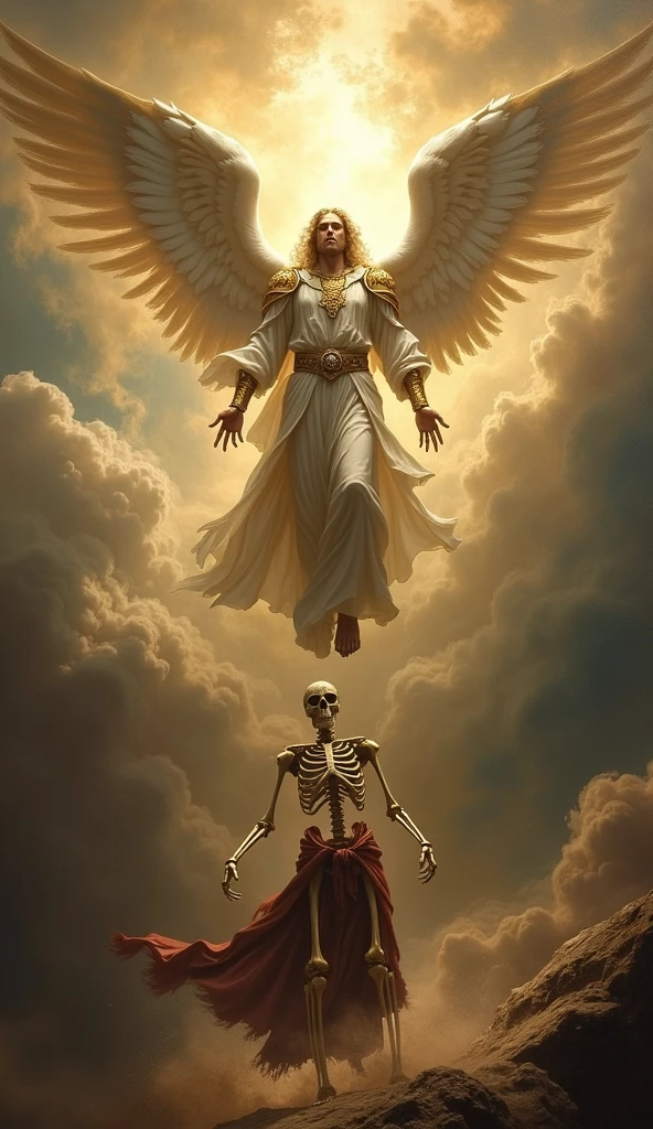 After the battle, the armored skeleton kneels before the angel, radiant in her beauty in a hooded hat, but the angel looks at her with hurt. the angel's face is not visible and he is floating in the air and has his arms outstretched as if to embrace him.