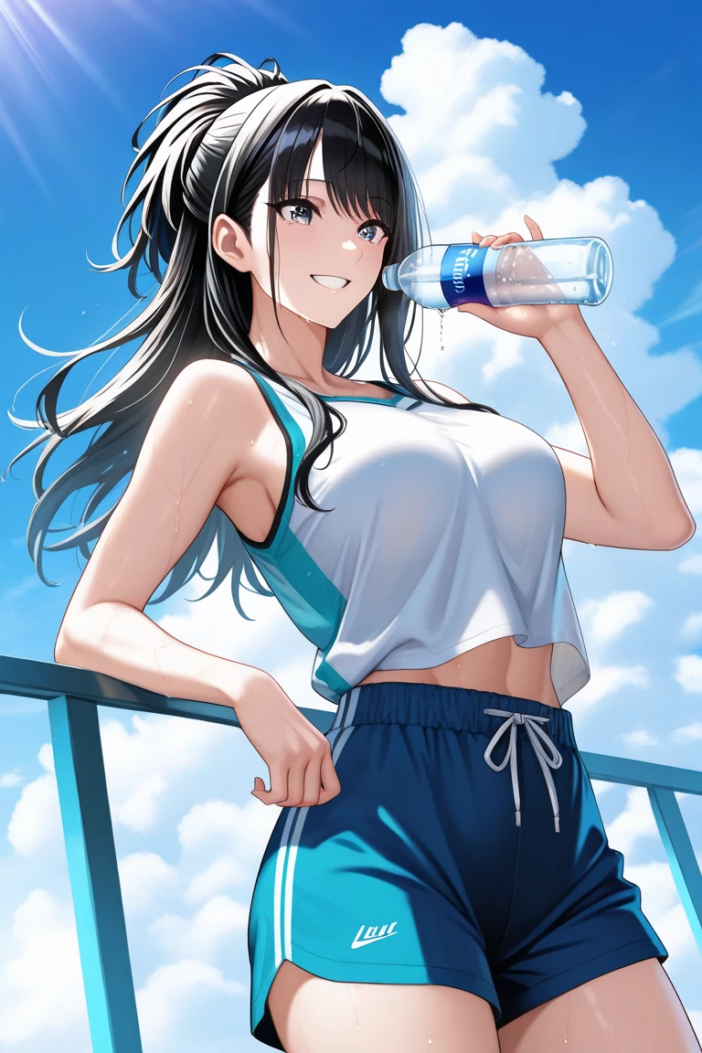 Emilia re:zero, purple eyes, Emilia, crown braid, x hair ornament, flower hair ornament, white hair, long hair, medium breasts, anime girl sitting on a bench drinking water from a bottle, anime girl drinks energy drink, hinata hyuga, tifa lockhart, nico robin, fit girl, tifa, tifa lockheart, marin kitagawa fanart, chun li at the gym, working out, mayuri shiina, beautiful anime girl squatting, wearing fitness gear
