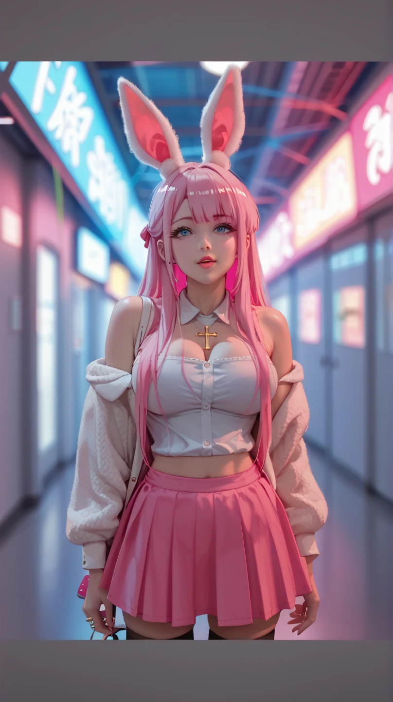 1girl, solo, pink hair, hat, nurse cap, blue eyes, hair bun, panties, long hair, underwear, dress, jacket, white background, hair ornament, double bun, long sleeves, simple background, cleavage cutout, white dress, closed mouth, clothing cutout