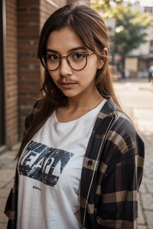There's a bespectacled young woman posing for a photo,Long wavy hair dark black brown eyes white skin ultra realistic resolution 8k