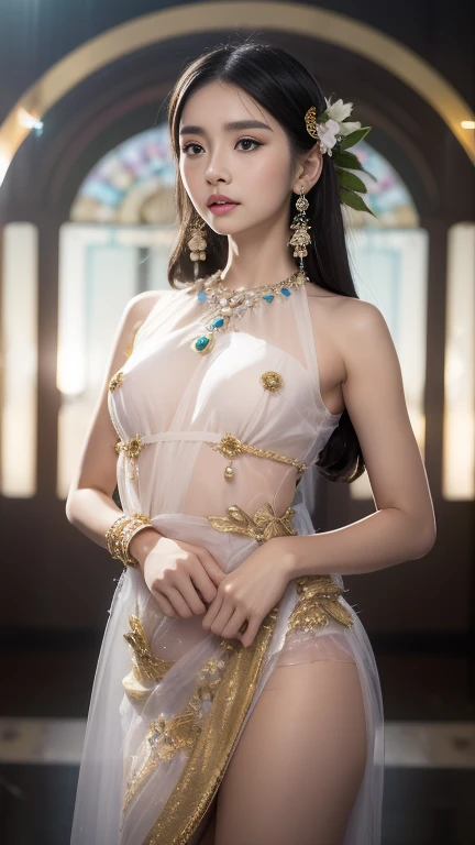 masutepiece、masutepiece、ultra-definition、accurate depiction、extremely high detail、8K picture quality、one girls、(18 year old pretty woman、18year old)、small head、Cute face、a blond、half up、Blue eyes、perfect glossy skin、((tre anatomically correct))、Perfect body:1.1、high-level image quality、masterpiece、Look at viewers、(White princess dress、Golden flower embroidery)、sexypose、Small breasts、the royal palace、Large stained glass windows、Enveloping her presence with delicate particles、Soft light、divine atmosphere、Photoreal Stick